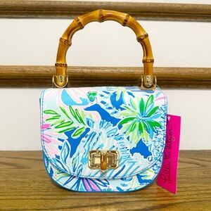 NEW Lilly Pulitzer Leilani Bamboo Top Handle Mini Bag Coastal Blue Chain Gold